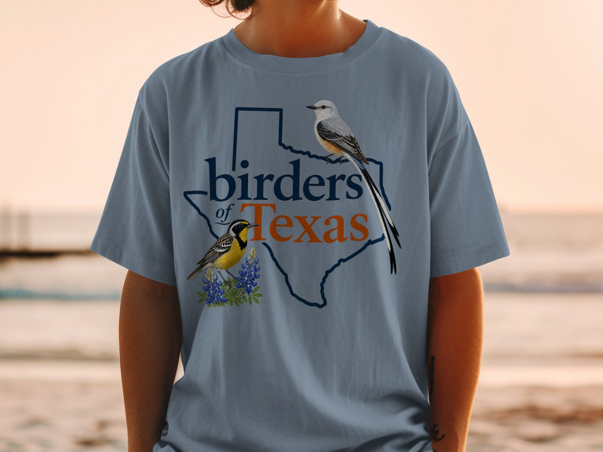 Texas outline with "birders of Texas" text and two illustrated birds.