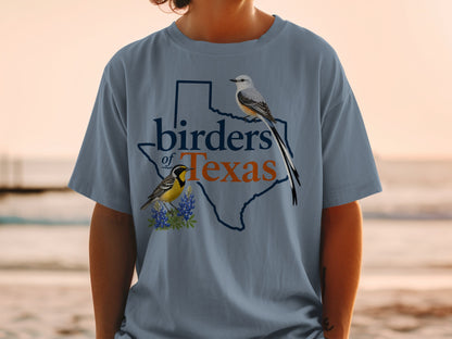Texas outline with "birders of Texas" text and two illustrated birds.