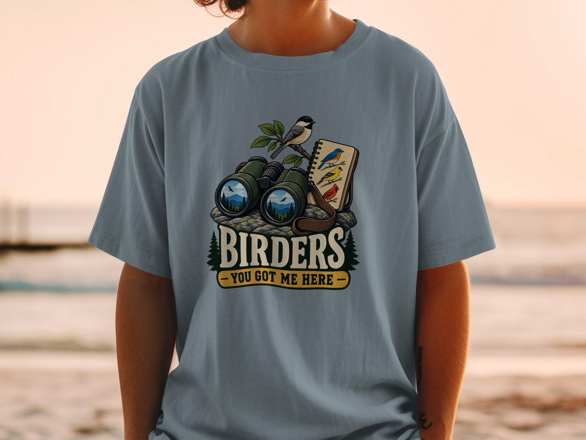 Binoculars and bird sketches with text "Birders - You Got Me Here".