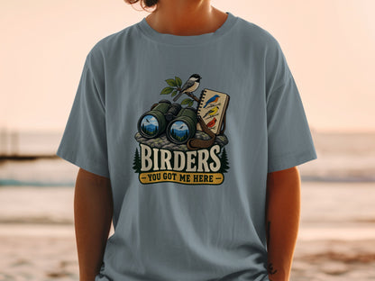Binoculars and bird sketches with text "Birders - You Got Me Here".