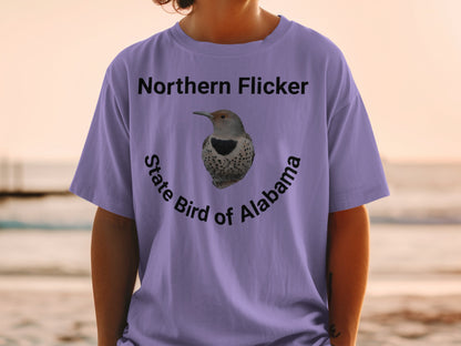 Purple t-shirt with Northern Flicker and "State Bird of Alabama" text and image.