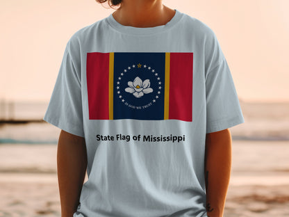 T-shirt with the Mississippi state flag and text "State Flag of Mississippi".