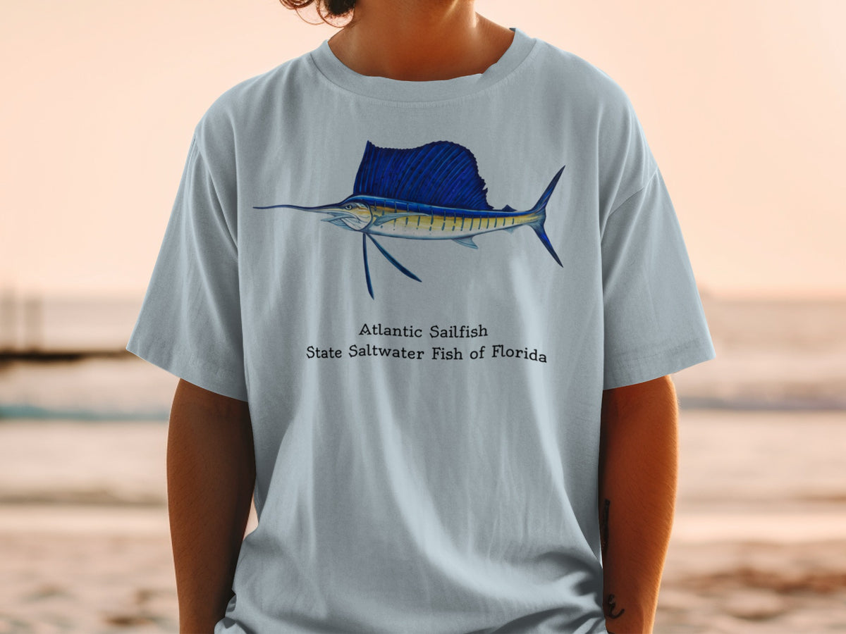 Light blue t-shirt with a watercolor Atlantic Sailfish and text.