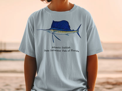 Light blue t-shirt with a watercolor Atlantic Sailfish and text.