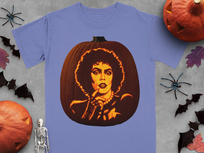 Periwinkle t-shirt featuring a lit jack-o'-lantern carved with the face of Dr. Frank-N-Furter from The Rocky Horror Picture Show.
