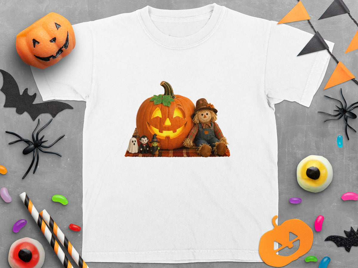White t-shirt with a Halloween graphic featuring a jack-o'-lantern and scarecrow.