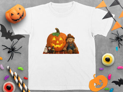 White t-shirt with a Halloween graphic featuring a jack-o'-lantern and scarecrow.