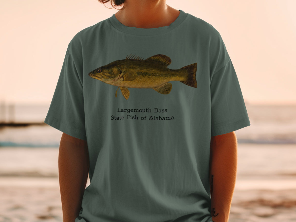T-shirt featuring a Largemouth Bass illustration and "State Fish of Alabama" text.