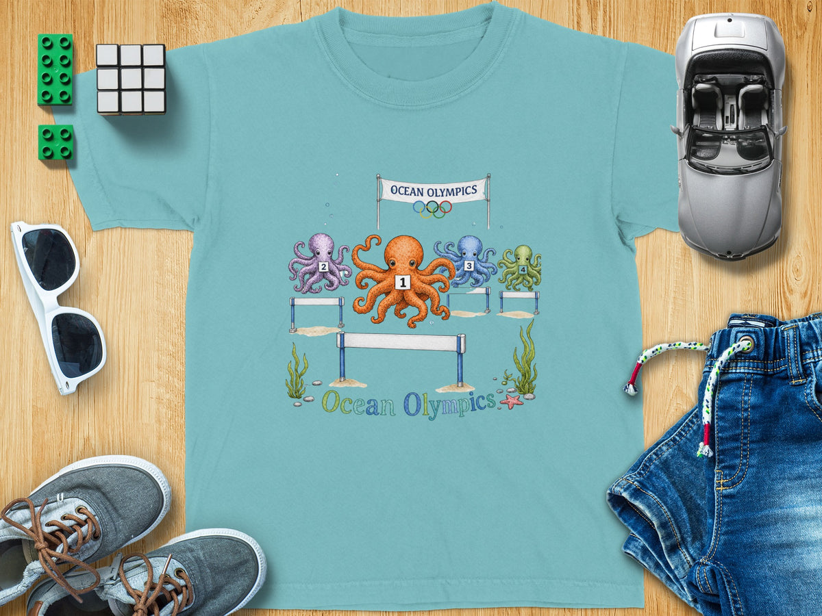 T-shirt with four numbered octopuses competing in the "Ocean Olympics."