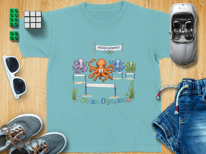 T-shirt with four numbered octopuses competing in the "Ocean Olympics."