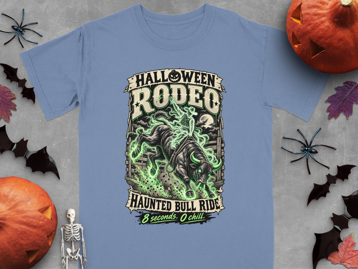T-shirt with "Halloween Rodeo" and "Haunted Bull Ride" graphics.