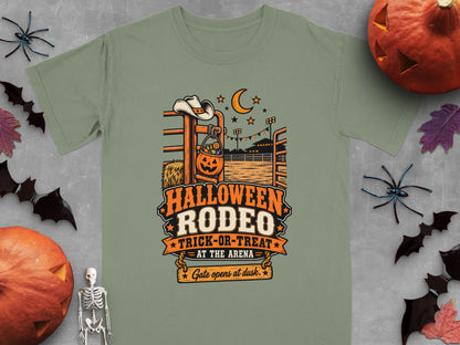 Halloween Rodeo Trick-or-Treat at the Arena shirt with pumpkin, cowboy hat, and moon.
