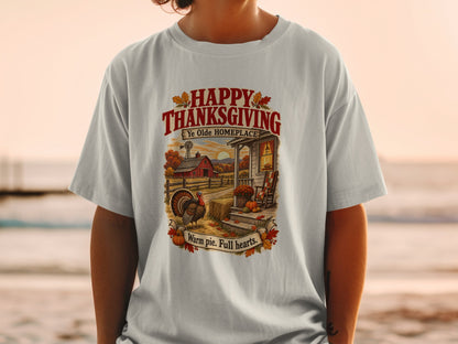 Thanksgiving graphic with turkey, barn, and farmhouse. "Happy Thanksgiving Ye Olde Homeplace".