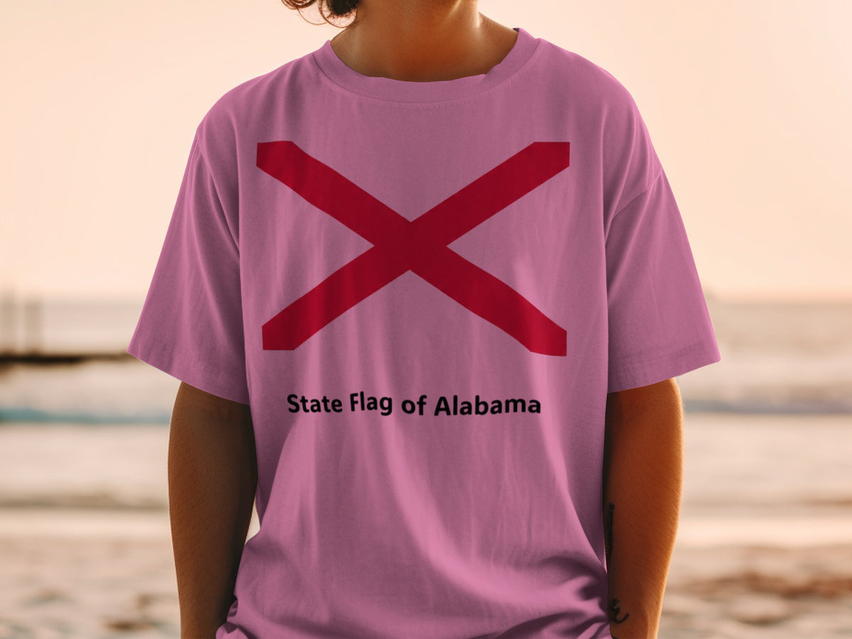 Pink t-shirt with red State Flag of Alabama design.