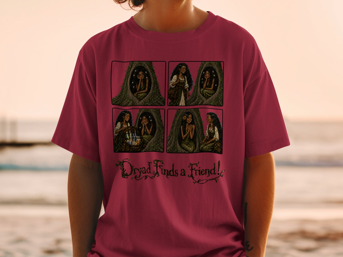 Four-panel comic of a dryad and text "Dryad Finds a Friend!".