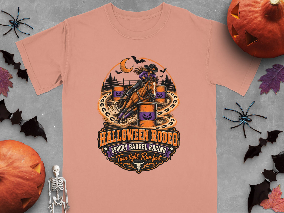 Halloween Rodeo t-shirt with spooky barrel racing graphic and text.