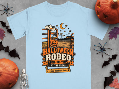 Halloween Rodeo Trick-or-Treat design with pumpkin bucket, cowboy hat, and text.