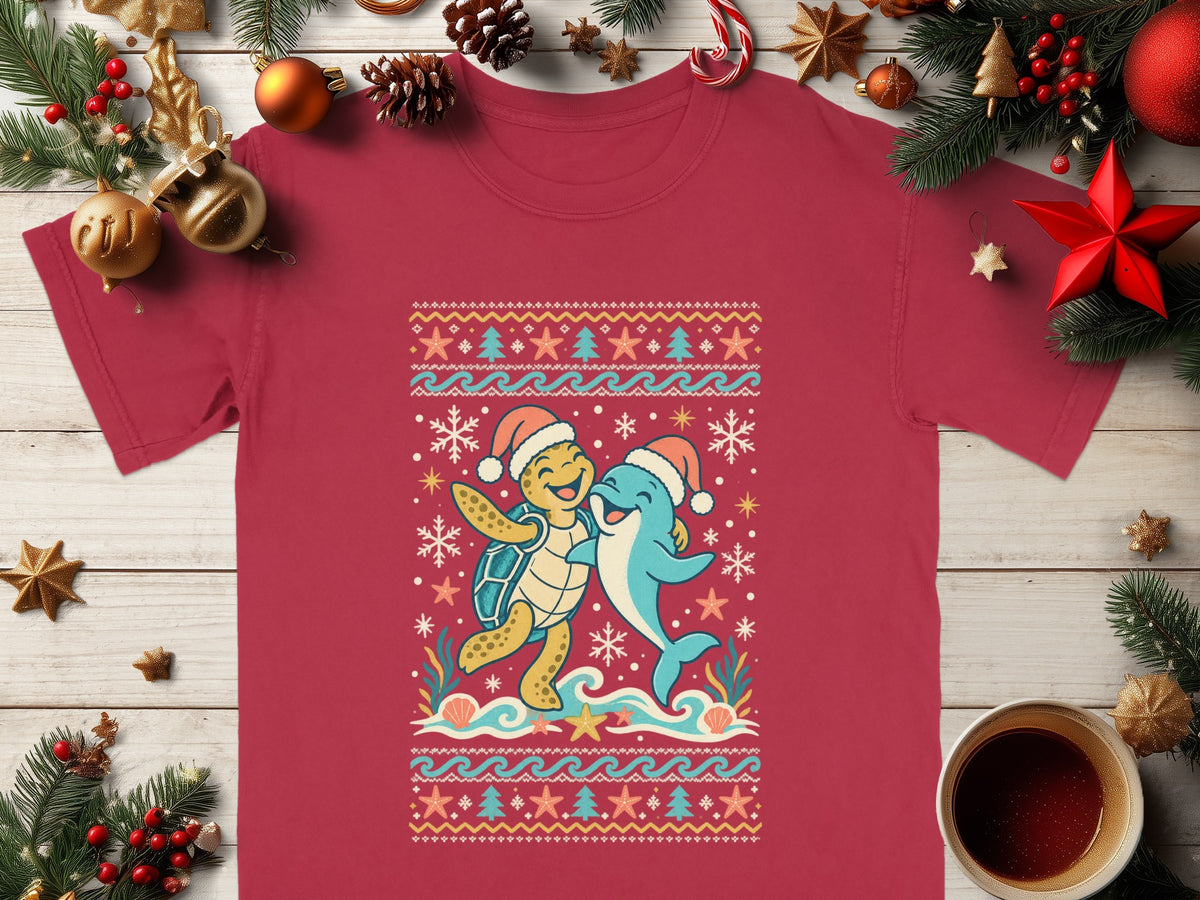 T-shirt with a cartoon turtle and dolphin in Santa hats dancing.