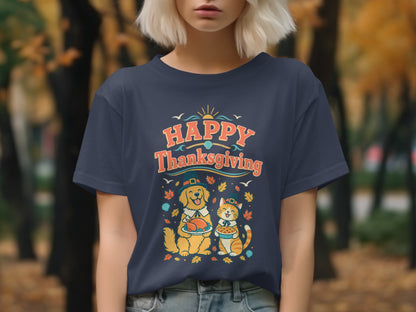 Happy Thanksgiving t-shirt with dog holding turkey and cat holding pie.