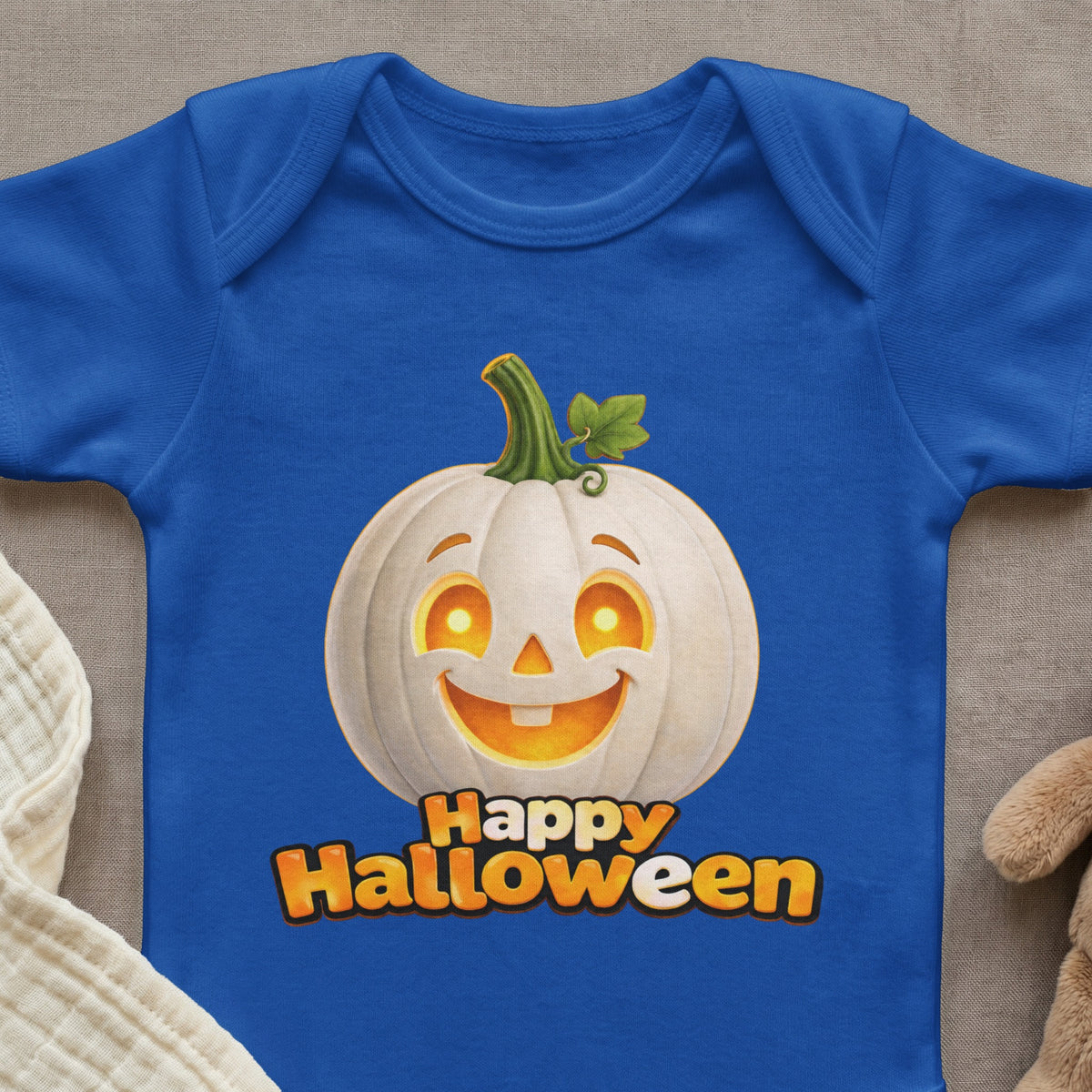 Blue bodysuit with a smiling white jack-o'-lantern and "Happy Halloween" text.