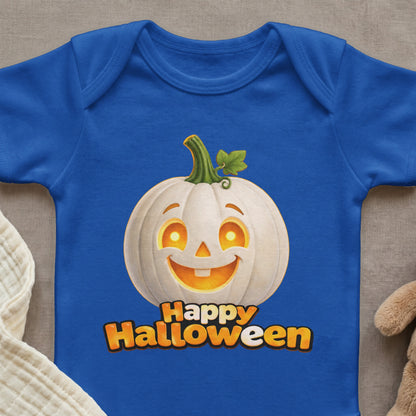 Blue bodysuit with a smiling white jack-o'-lantern and "Happy Halloween" text.