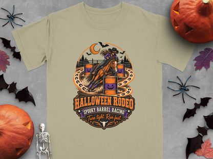 "Halloween Rodeo Spooky Barrel Racing" graphic on a tan t-shirt.