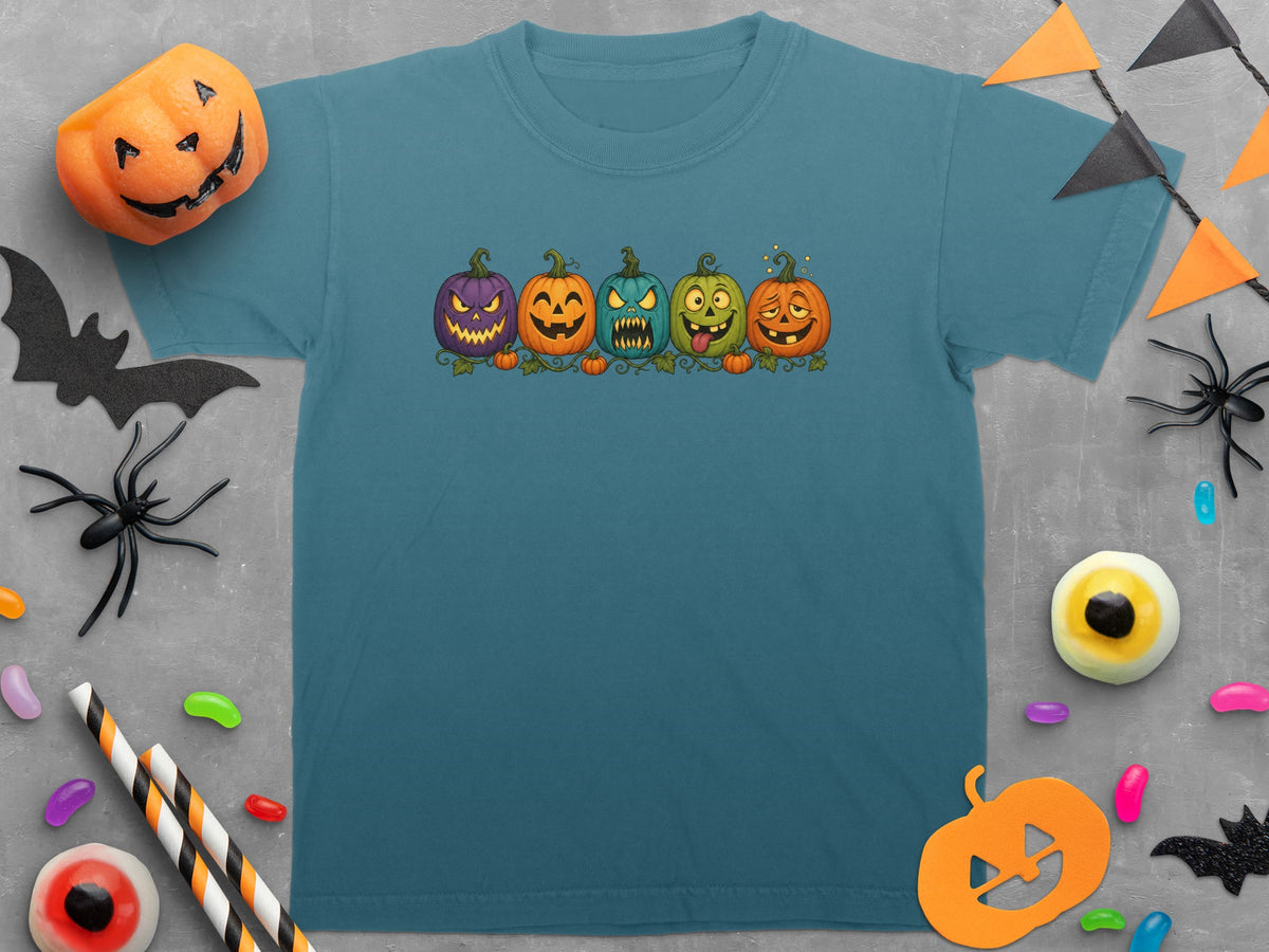 Teal t-shirt featuring a line of five cartoon Halloween pumpkins with different expressions.