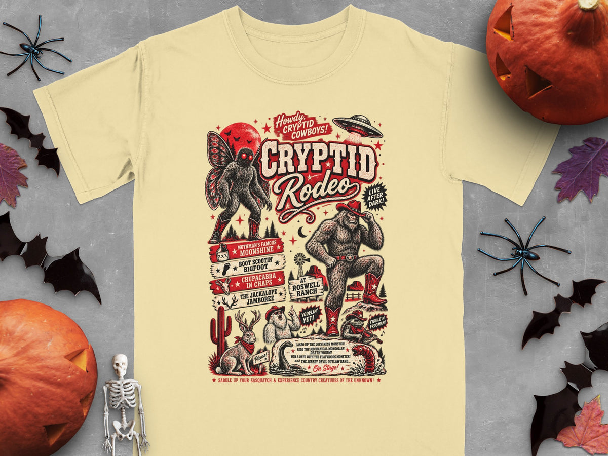 T-shirt graphic featuring cryptids at a rodeo, including Bigfoot, Mothman, and Chupacabra.