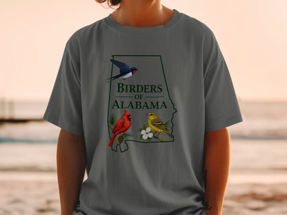 Birders of Alabama t-shirt with state outline, cardinal, yellow bird, and swallow illustration.