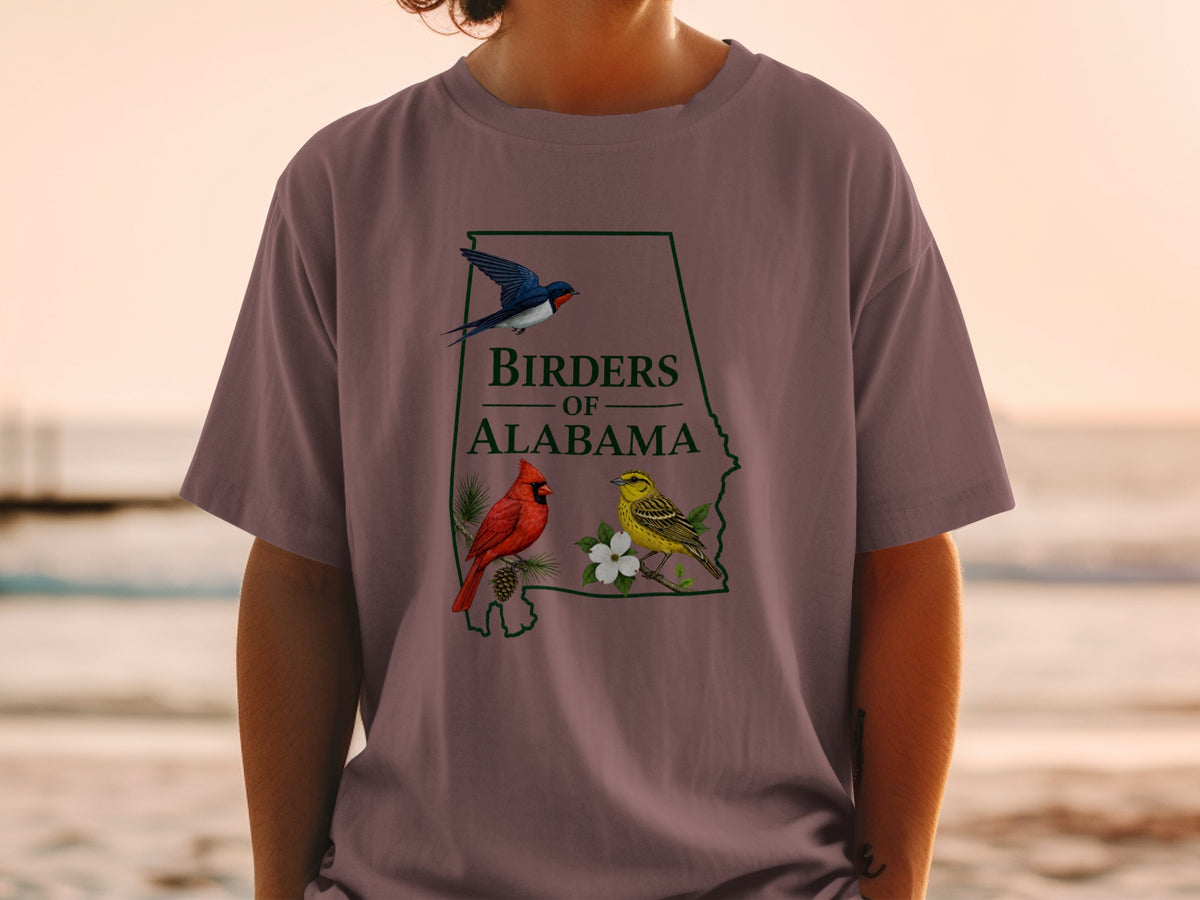 Birders of Alabama shirt features a state outline with cardinal, warbler, and swallow.