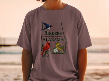 Birders of Alabama shirt features a state outline with cardinal, warbler, and swallow.