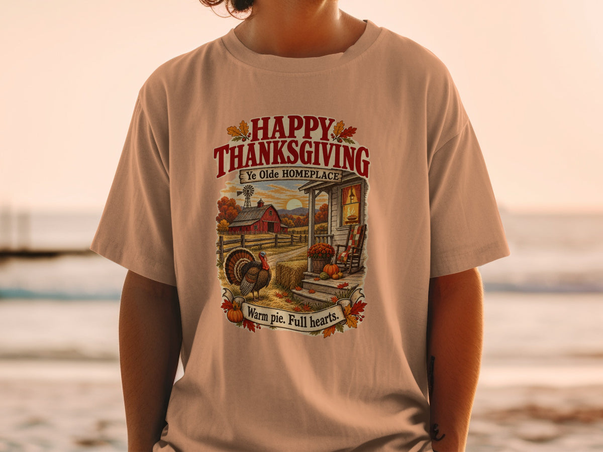Happy Thanksgiving Ye Olde Homeplace with turkey and farm scene.