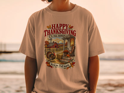 Happy Thanksgiving Ye Olde Homeplace with turkey and farm scene.