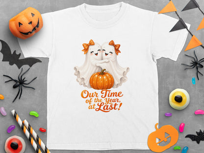 White t-shirt with two cute ghosts, a pumpkin, and the text "Our Time of the Year, at Last!"