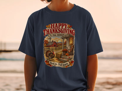 Thanksgiving t-shirt with farm scene, turkey, and text "Happy Thanksgiving Ye Olde Homeplace Warm pie. Full hearts."