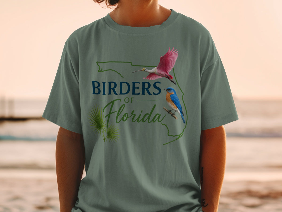 T-shirt with "Birders of Florida" text, a roseate spoonbill, and a bluebird.