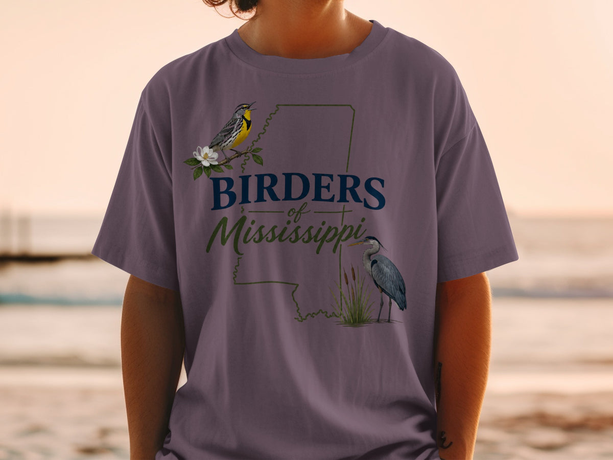 T-shirt with "Birders of Mississippi" text, a warbler, and a heron.
