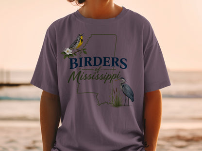 T-shirt with "Birders of Mississippi" text, a warbler, and a heron.