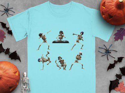 Light blue t-shirt with five skeletons dancing and a DJ skeleton on a turntable.