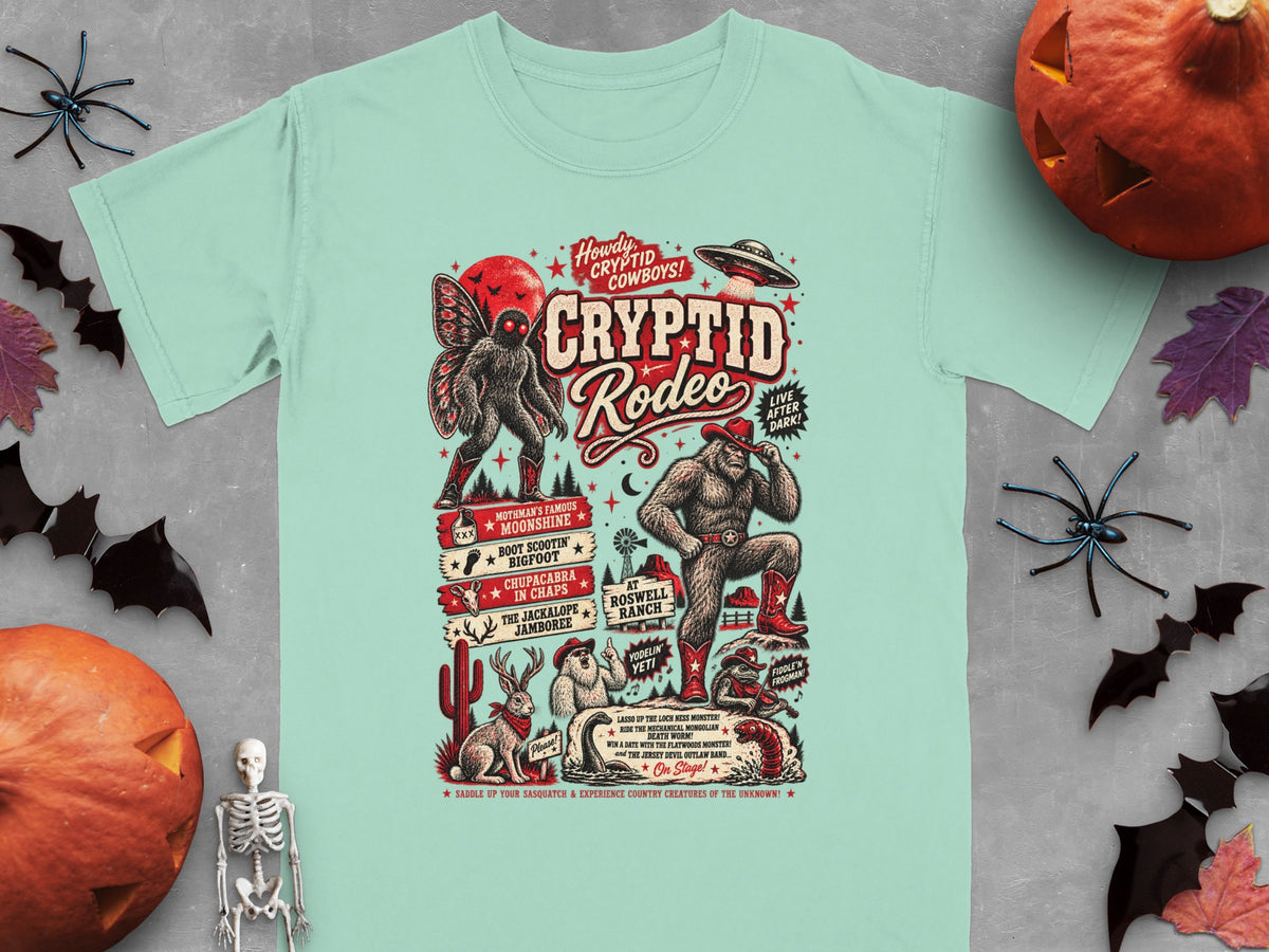 Cryptid Rodeo t-shirt design featuring Mothman, Bigfoot, and other creatures with cowboy themes.