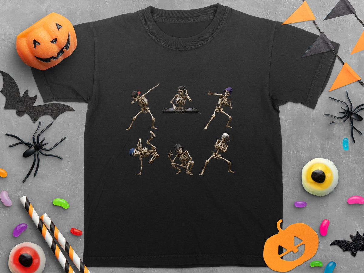 Six dancing skeletons with various hats, one on DJ equipment.