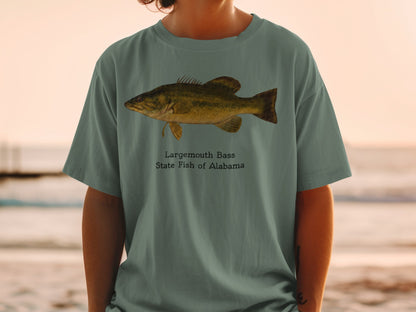 Largemouth Bass State Fish of Alabama printed on a green t-shirt.
