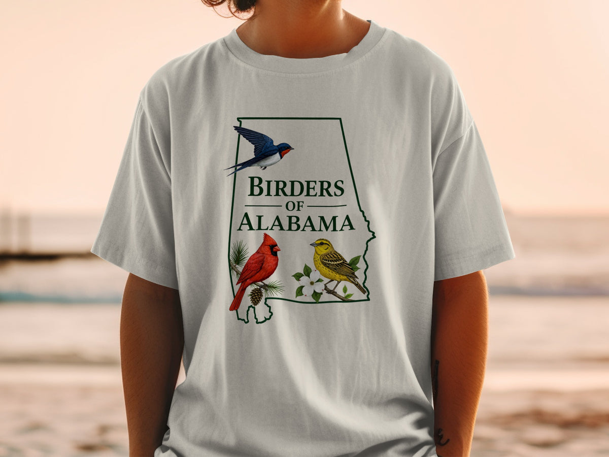 Birders of Alabama text within the state outline with a swallow, cardinal, and yellow bird.