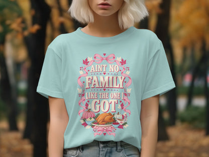 Light blue t-shirt with "Ain't No Family Like The One I Got" and Thanksgiving food.