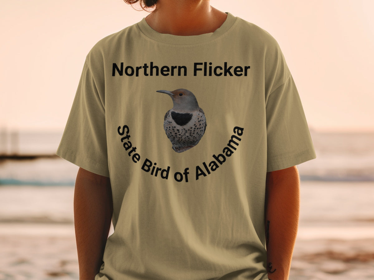 Northern Flicker state bird of Alabama on a light brown t-shirt.