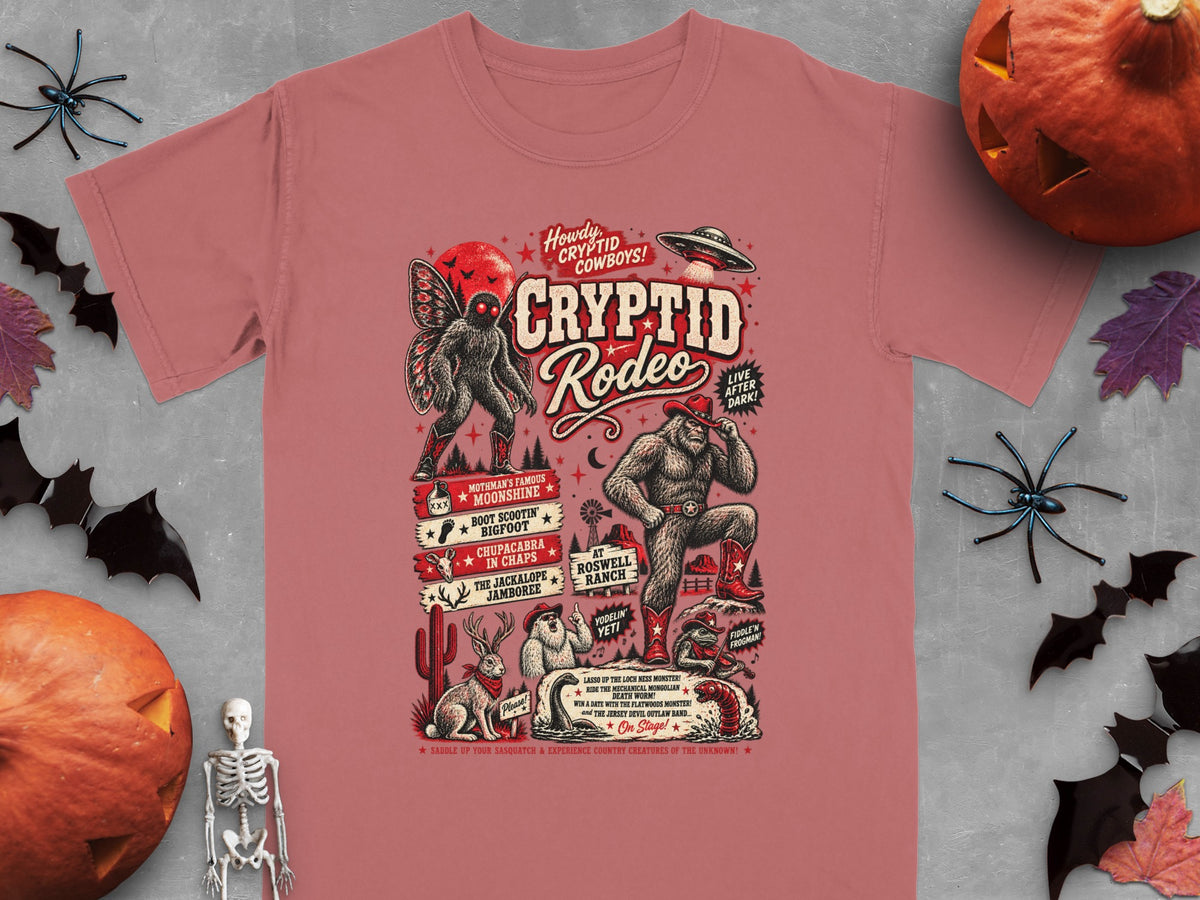 Cryptid Rodeo graphic t-shirt featuring Bigfoot, mothman, UFO, and other creatures with text.