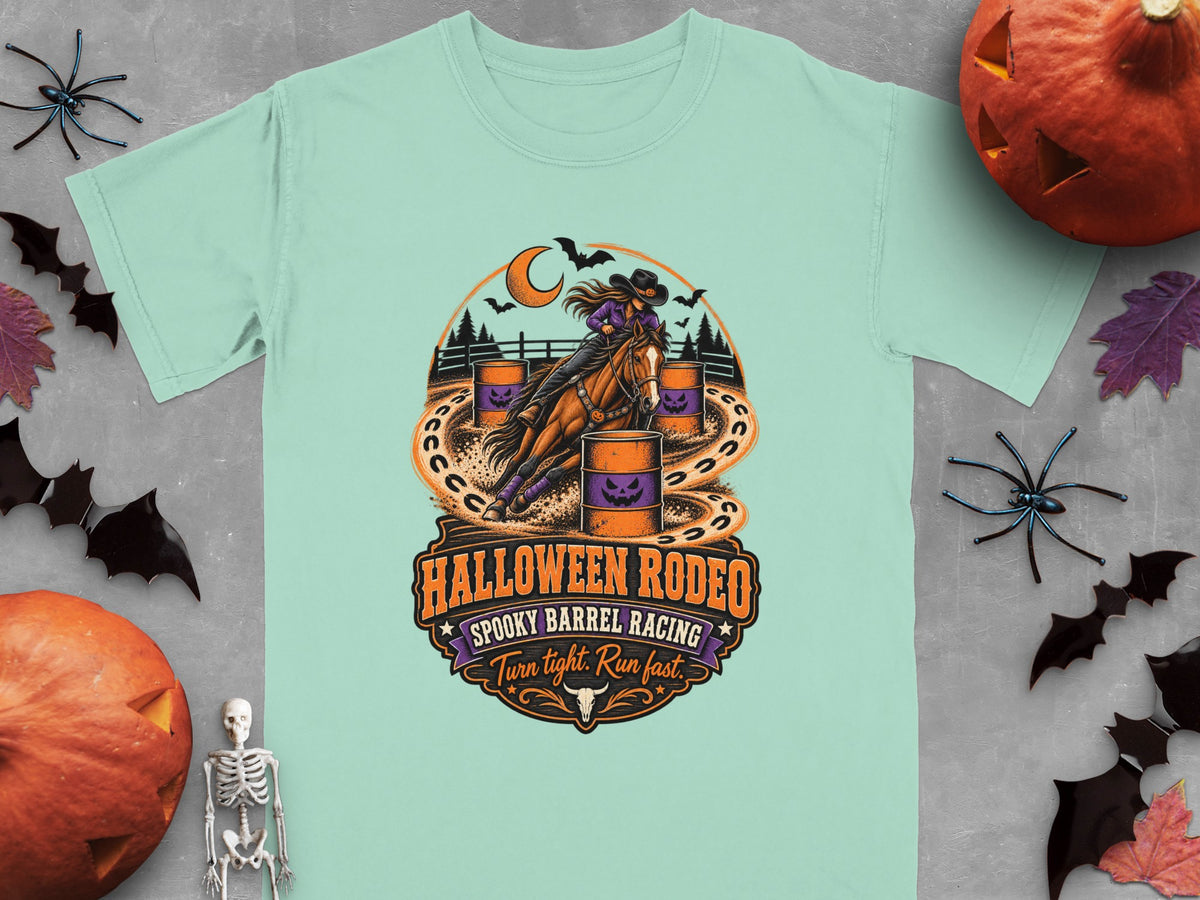 Cowgirl barrel racing graphic with Halloween theme and text.