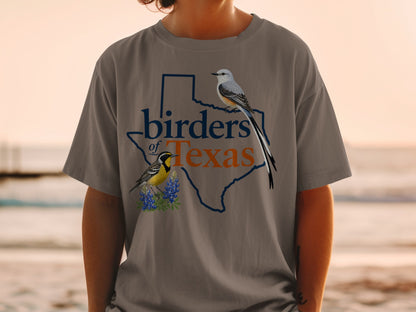 T-shirt graphic: "birders of Texas" map outline, two birds, and bluebonnets.