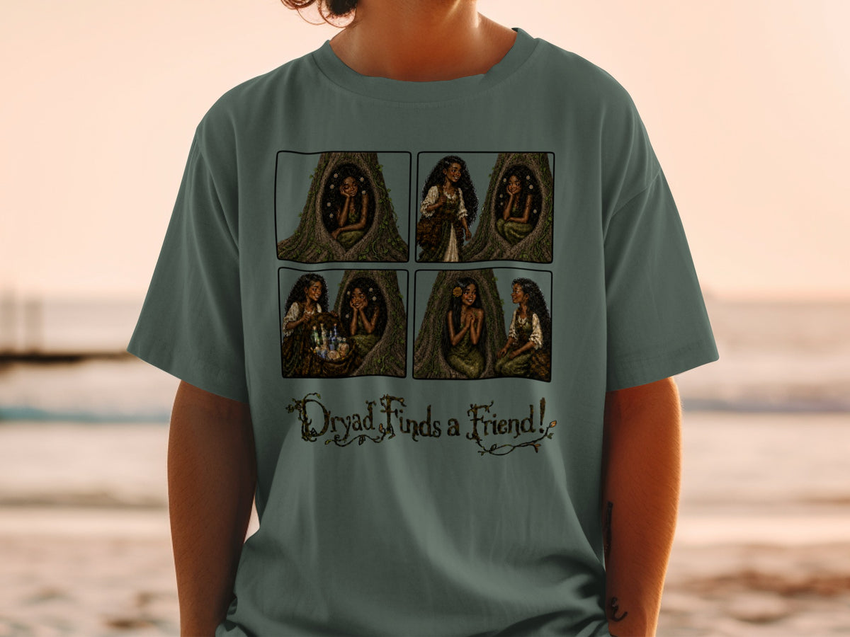 Four-panel comic shows a dryad in a tree hollow and text "Dryad Finds a Friend!".