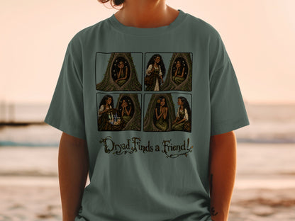 Four-panel comic shows a dryad in a tree hollow and text "Dryad Finds a Friend!".